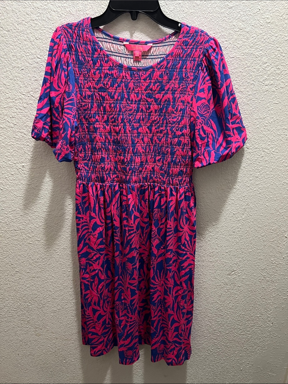 Lilly Pulitzer Hot Pink & Royal Blue Floral Smocked Midi Dress
